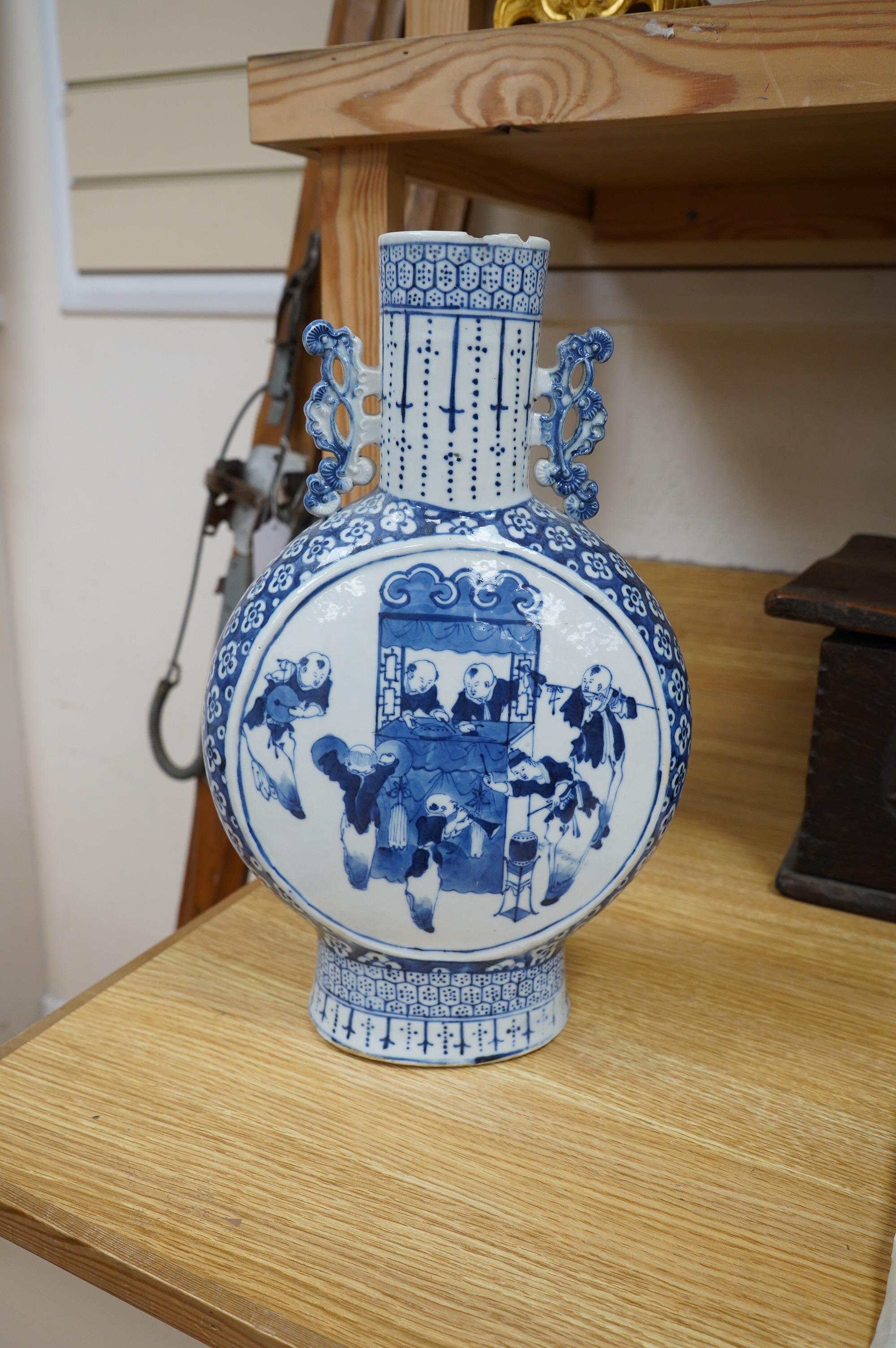 A Chinese blue and white moon flask, 36.5cm high. Condition fair, chips and hairline crack to the rim